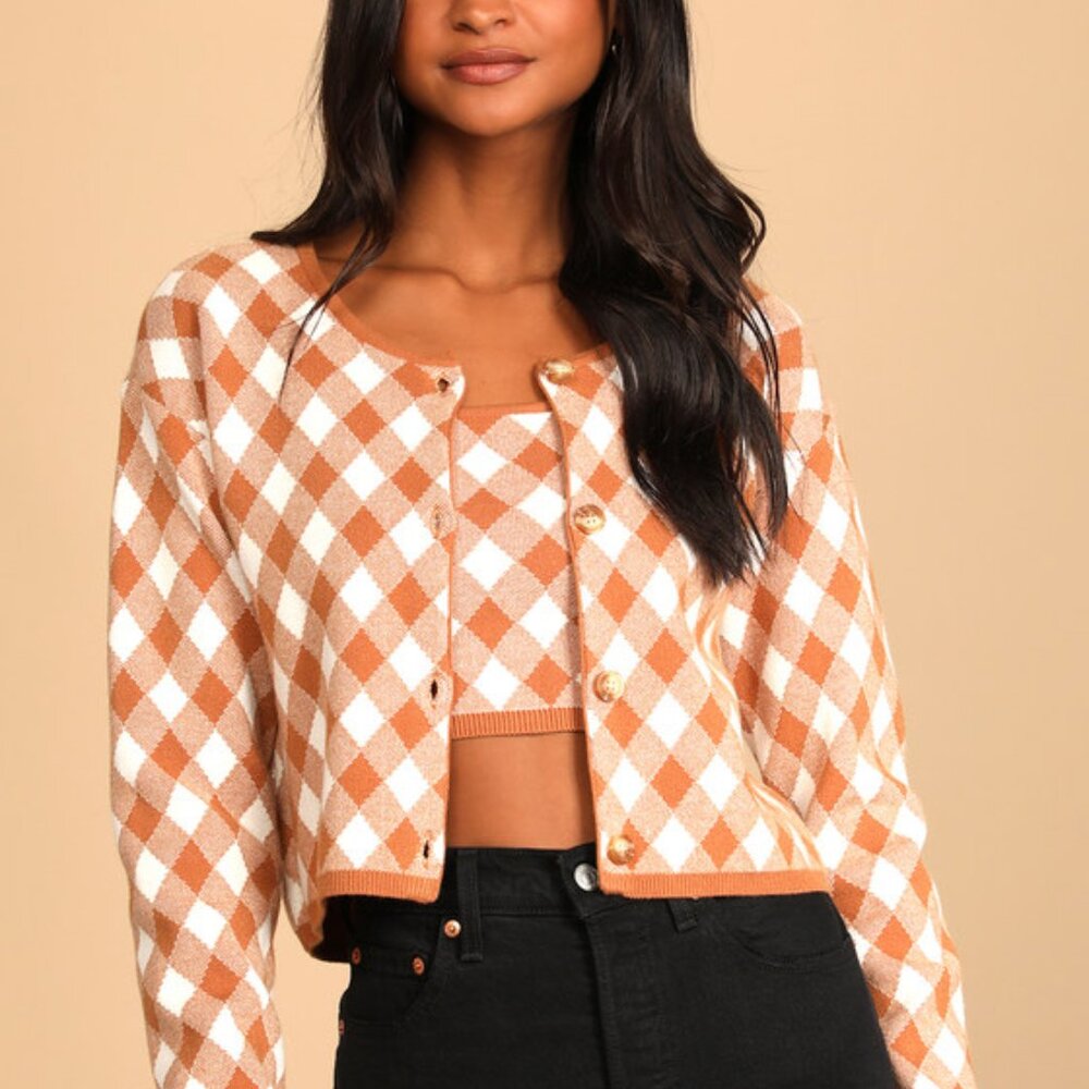 Lulus Yearbook Quote Brown And White Checkered Cardigan Sweater Set